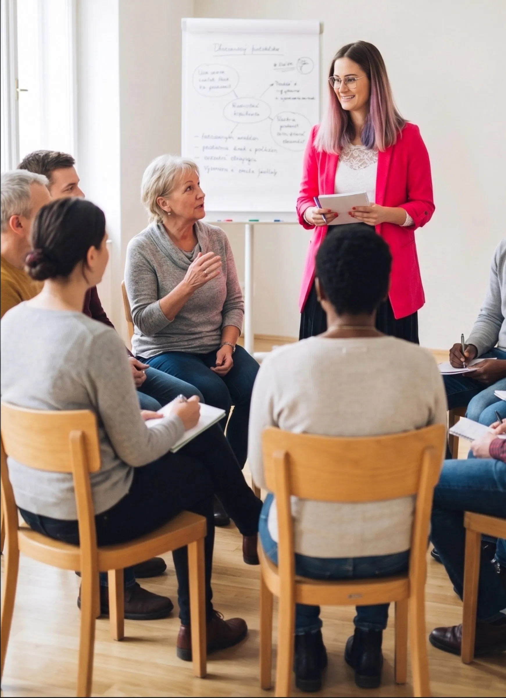 Veronika Gábor facilituje workshop se skupinou v kruhu