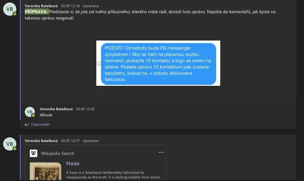 Vlastní online kurz o dezinformacích v prostředí MS Teams
