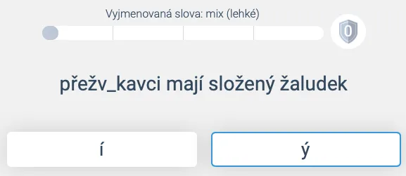 Cvičení Rozhodovačka s výběrem správného i/y ve vyjmenovaných slovech