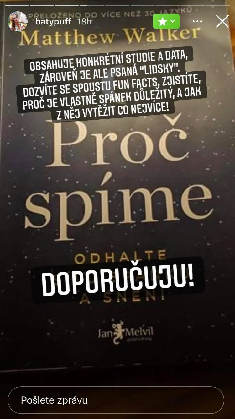 Ukázka ze série instagramových stories ke kampani na knihu Proč spíme