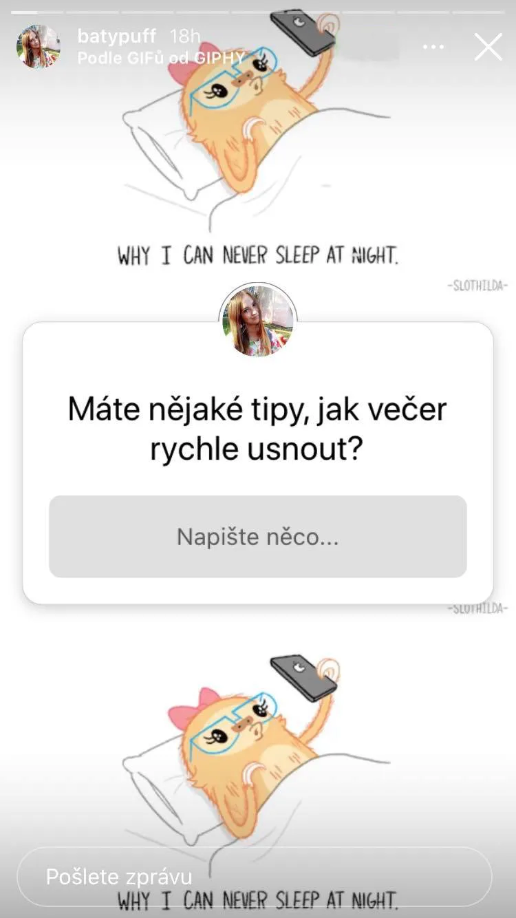 Ukázka ze série instagramových stories ke kampani na knihu Proč spíme