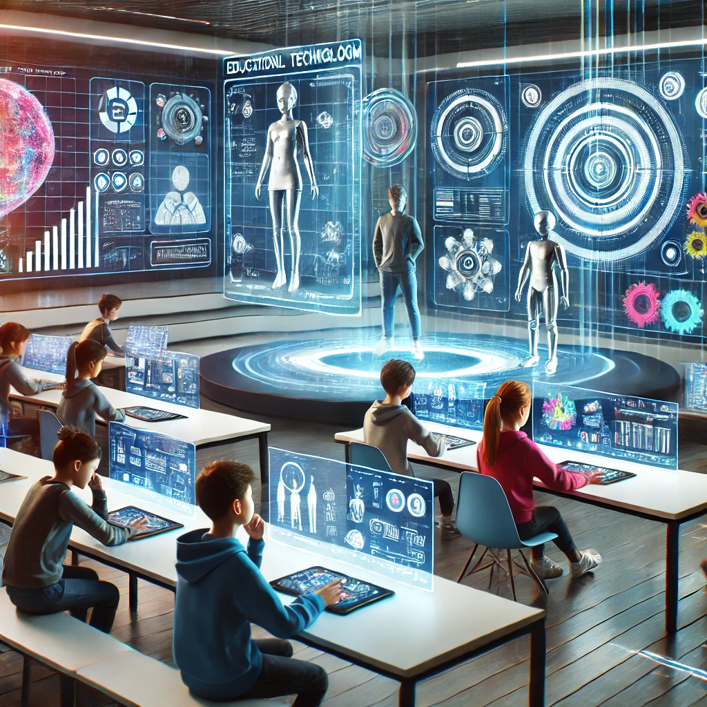 Ilustrace futuristické učebny se vzdělávacími technologiemi a holografickými tabulemi