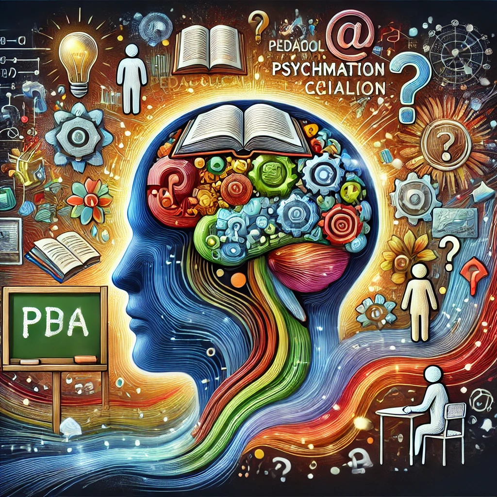 Ilustrace pedagogické psychologie jako lidský mozek složený z knih a toků dat
