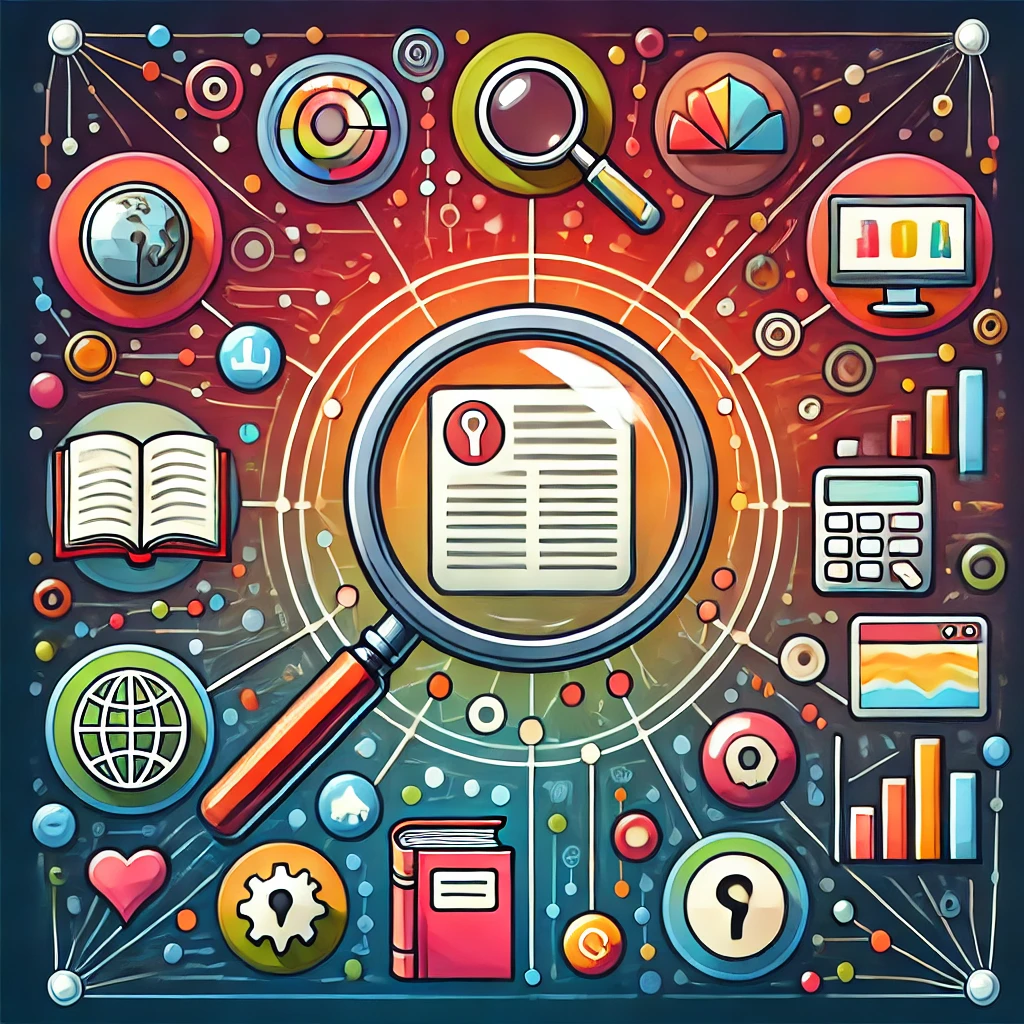 Ilustrace informační gramotnosti jako lupa zkoumající text, grafy a webové prvky