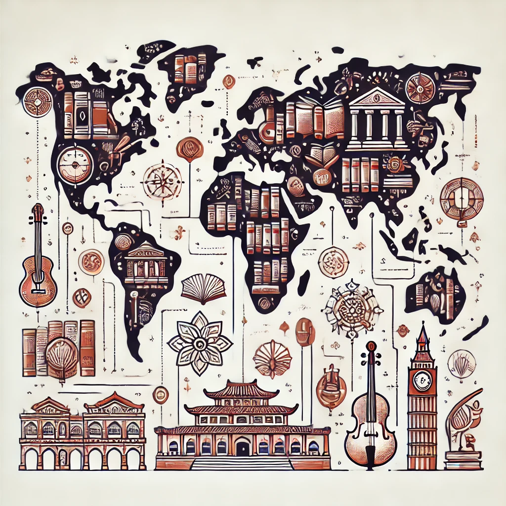 Ilustrace literatury a kulturních oblastí jako mapa světa s knihami na kontinentech
