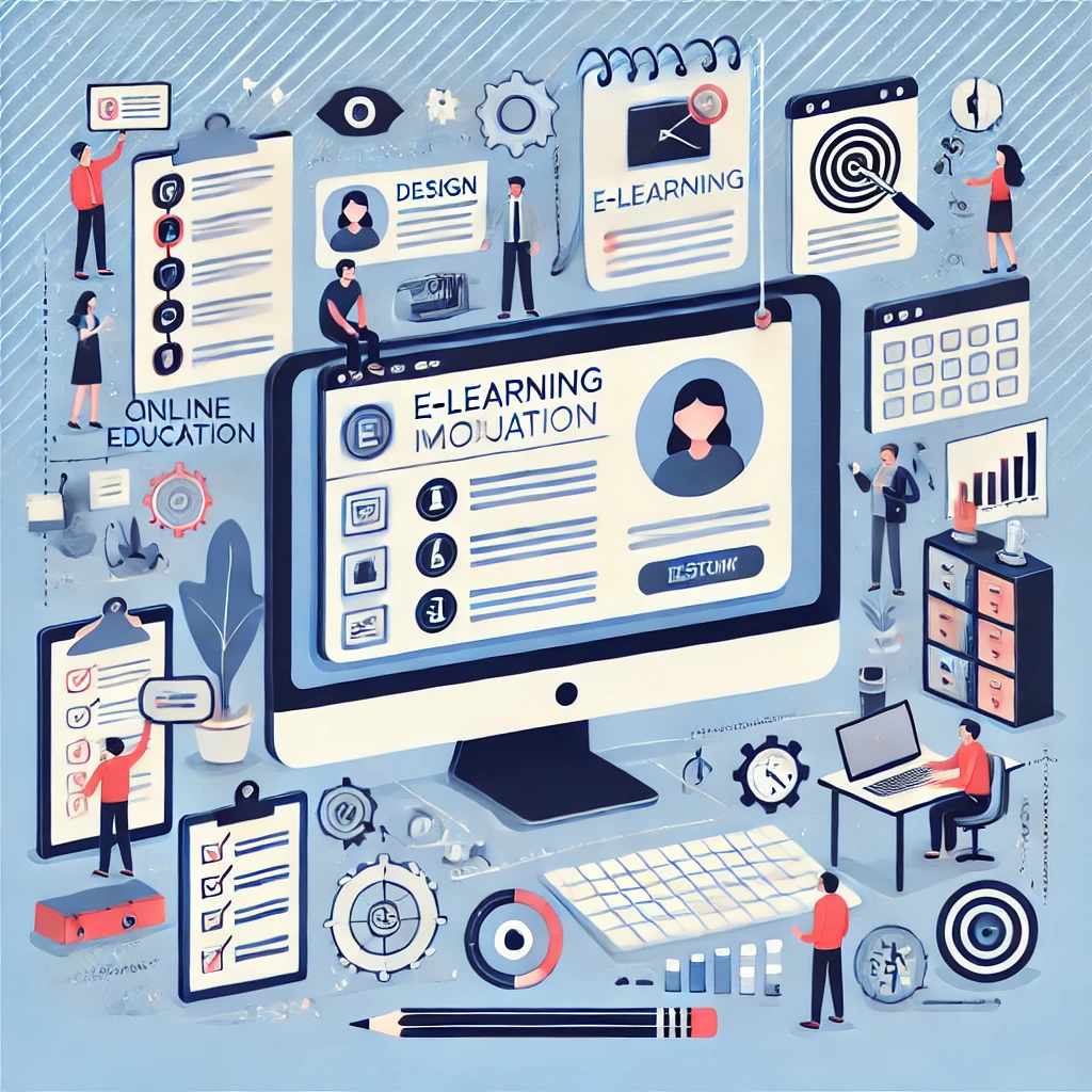 Ilustrace online vzdělávání jako obrazovka s otevřeným e-learningovým modulem